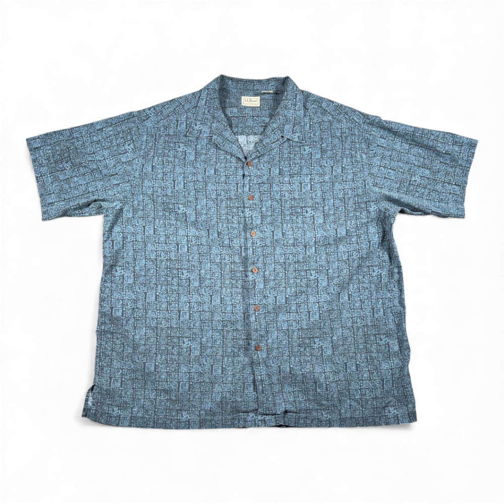 Vintage LL Bean Shirt Adult EXTRA LARGE Blue Mayan Aztec Tribal Camp Print Y2K